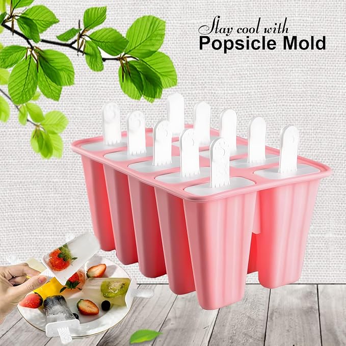 Silicone Popsicle Molds 10 Pcs Ice Pop Maker Molds with 10 Reusable Sticks, Cleaning Brush and Funnel - Homemade Easy-Release Reusable Popsicle Moulds Shapes (Pink)