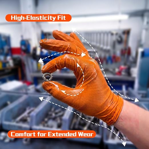ANBOSON 10 Mil Heavy Duty Mechanic Nitrile Gloves, XLarge Orange 100 Count | Diamond Grip,Latex Free,Chemical Resistant Disposable Thick Rubber Gloves for Auto Repair, Industrial, Food, Work ,BBQ,Men