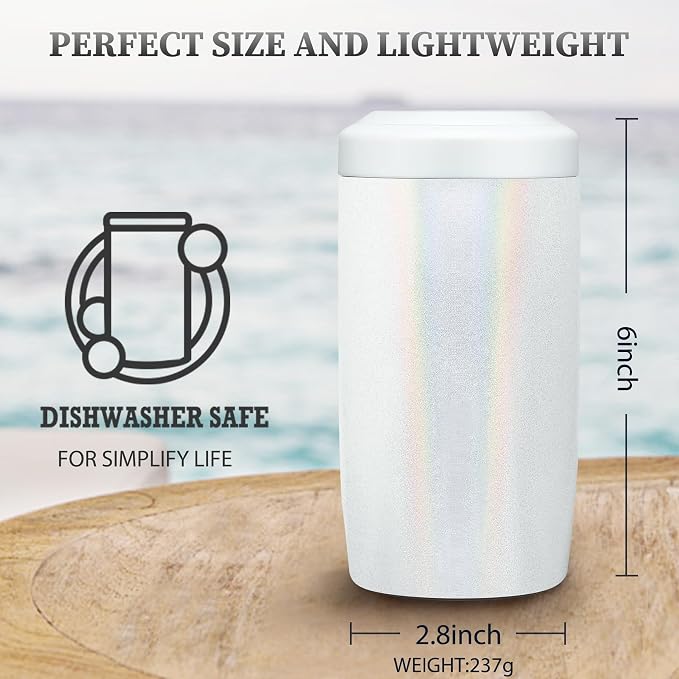 MAXSO Slim Can Cooler, 4-in-1 Double Walled Stainless Steel Insulated Beer Can Holder, Works With All 12 Oz Cans,Bottles & As A Pint Cups - Glitter White