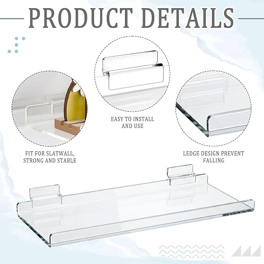 Yalikop 4 Pcs Slatwall Shelves Clear Acrylic Slatwall Shelves Organizer Wall Mounted Hanging Accessories Plastic Panel Display Shelf for Retail Store Boutique Garage Home(No Fence Style,14 x 6 Inch)