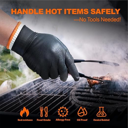 ANBOSON BBQ Gloves Disposable, Heat Resistant Grilling Gloves for Cooking | 10Mil Heavy Duty Nitrile Gloves-100Ct &4 Cotton Liners for Meat Handling Smoker for Hot Food Prep,Non-Slip Grip,Large,Black