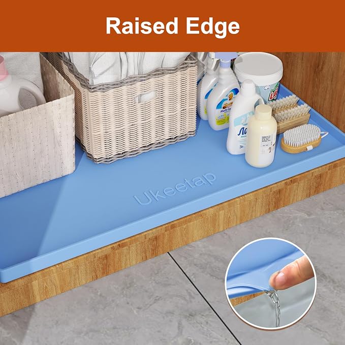 ukeetap 22" x 19" Extra Thick Silicone Mat Waterproof with Raised Edge, Under Sink Mat for Kitchen & Bathroom, Kitchen Cabinet Liner, Multi-Purpose for Storage & Protection, Blue