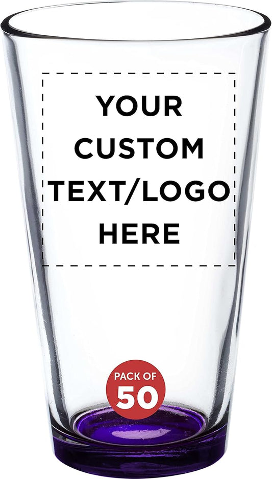 Custom Arc Pint Glass 16 oz. Set of 50, Personalized Bulk Pack - Beer Glasses, Heavy Duty Drinkware - Purple
