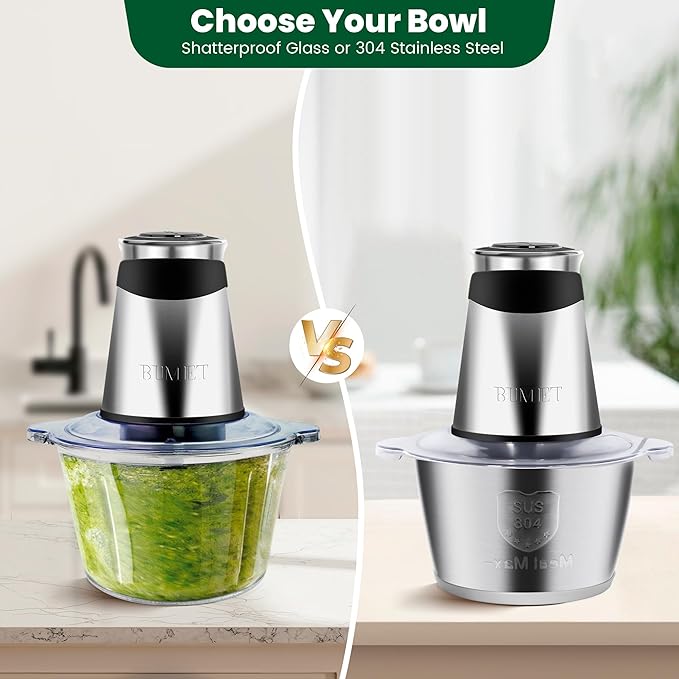BUMET 500W Meat Grinder 2×8-Cup Bowls 2 Blades Food Chopper | glass+stainless bowl, stainless steel blades for meat/veggies/nuts. easy to clean, ideal for daily kitchen prep.