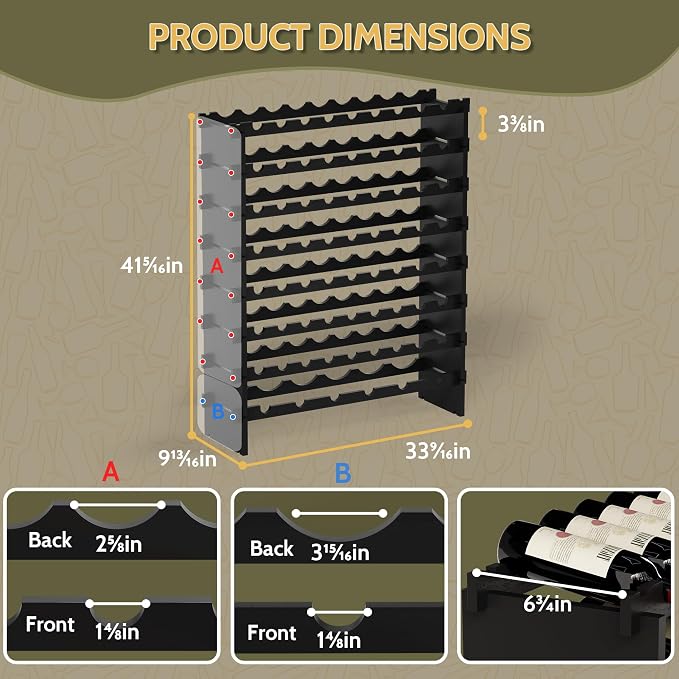 Bamboo Large Wine Rack, 8-Tier Freestanding Floor Bottle Storage Holder | 69-Bottle Storage | Wooden Wine Storage Organizer Shelves for Kitchen Bar, Cellar, & Dining Room | Black | Anti-Tip Kit