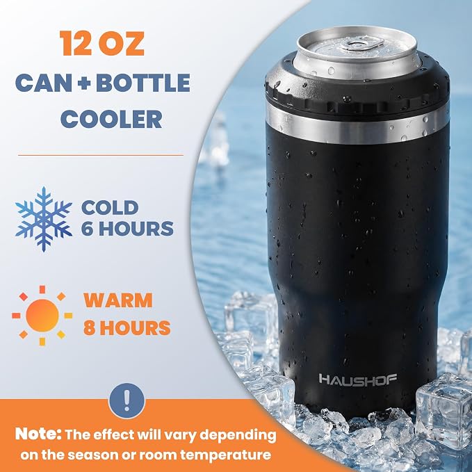 HAUSHOF 4-in-1 Insulated Can Cooler Fits 12oz Cans & Beer Bottle, Black | Double-Wall Vacuum Insulated, 18/8 Stainless Steel, BPA-Free Lid, Slim Can Cooler for Camping, Beach & Picnic