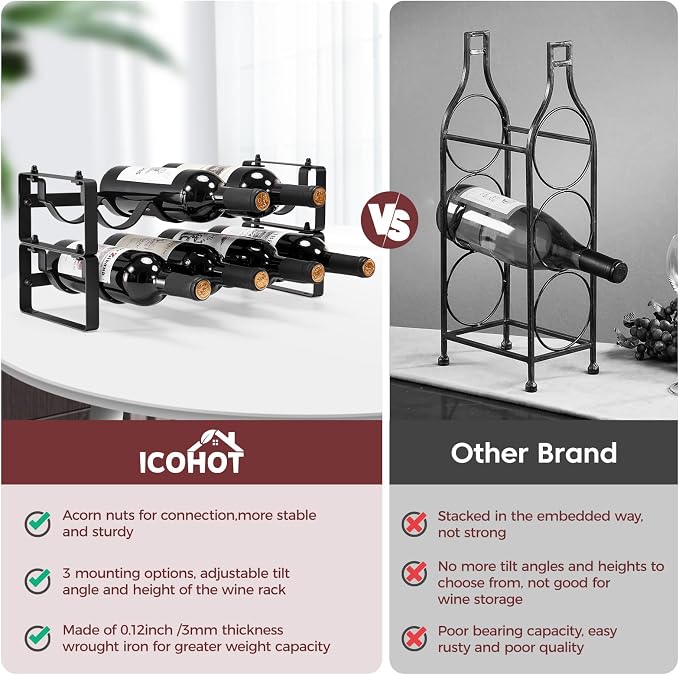 Stackable Wine Rack Countertop, 2 Tier 8 Bottle Wine Holder for Cabinet Bar | Sturdy Tabletop Wine Holder Stand for Pantry Bar, Freestanding Wire Metal Wine Bottle Rack Small Wine Storage Organizers