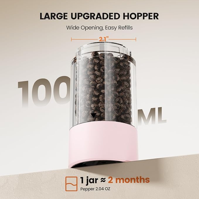 Electric Salt and Pepper Grinder Set - Rechargeable Automatic Salt and Pepper Shakers, Kitchen Appliances with External Adjustable Coarseness, Larger Hopper for Cooking, Home Gifts(2 Pack,Pink/Pink)