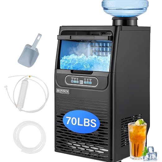 ROVSUN 70LBS/24H Countertop Ice Maker with 2 Water Inlets & Appointment Function, Freestanding Ice Machine with 11lbs Storage Bin, Ice Scoop, Drain Pipe & Water Filter (Black)