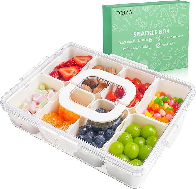 Snackle Box Container Dishwasher Safe Divided Serving Tray with Lid Handle | Charcuterie Board for Portable Snack Platters, Clear Organizer for Fruits Snacks, Perfect for Road Travel