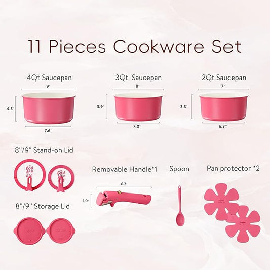 CAROTE Ceramic Sauce Pan Sets with Stand-Up Lid 2QT, 3QT & 4QT, 11 Piece NonStick Kitchen Cookware Sets with Detachable Handle, Non Toxic Cooking Pot, Oven Safe, Induction Ready, Pink