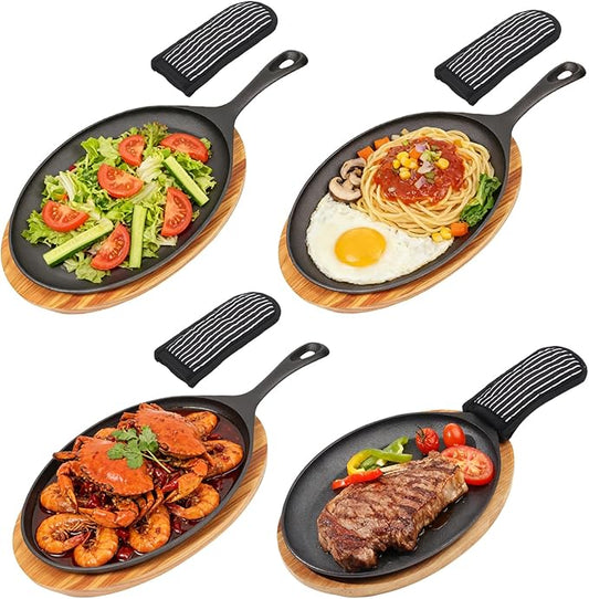 4 Sets Cast Iron Fajita Skillet Set Sizzling Plate with Wooden Base & Anti Scald Protection Hot Handle Cover, Cast Iron Skillets Set for Home Barbecue Kitchen Party Restaurant Catering Service