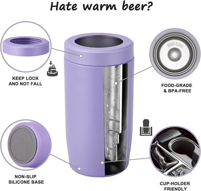 4-in-1 Slim Can Cooler Easy to Hold Insulated Beer Can Holder Double-Walled Stainless Steel for All 12 Oz Cans (lilac purple)