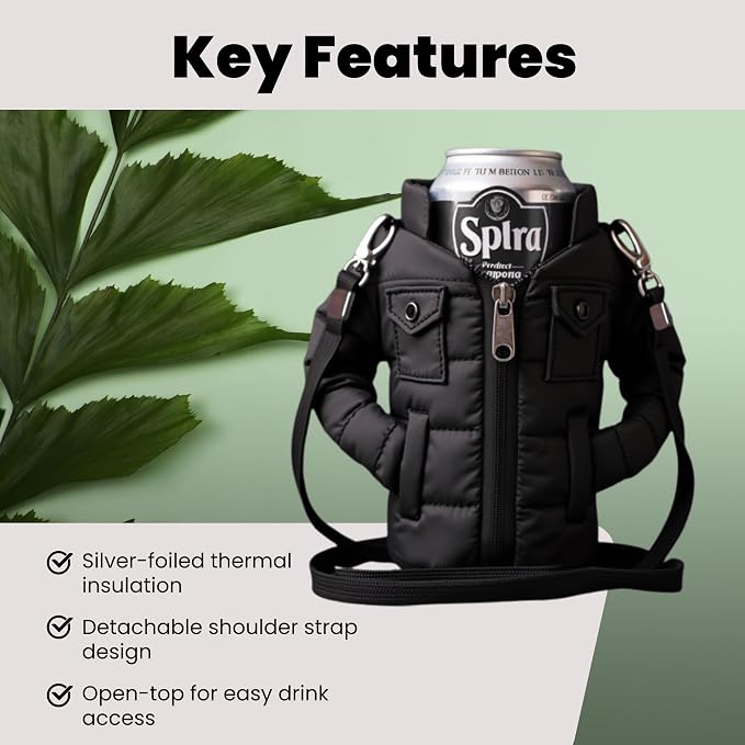 Gadgetime USA - 12oz Insulated Can Cooler Jacket (Black) - Beverage Holder with Detachable Strap - Beer/Soda Carrier - Can Holder with Shoulder Strap, Insulated Sleeve, Funny Gift for Friends & Family