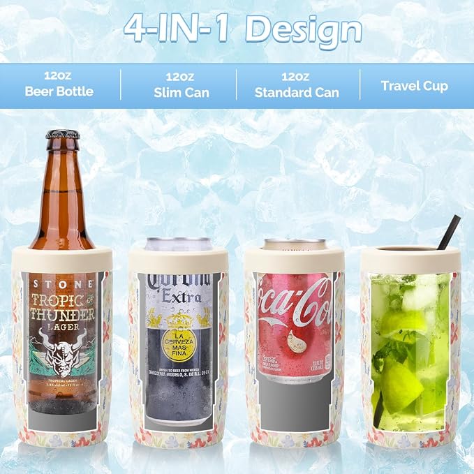 Morefeel 4-in-1 Insulated Can Cooler for 12 oz Cans & Bottles | 304 Stainless Steel Can Holder Fits 12 Oz Slim Cans, Standard Cans, Beer Bottles & Works as A Open Cup; Dishwasher Safe