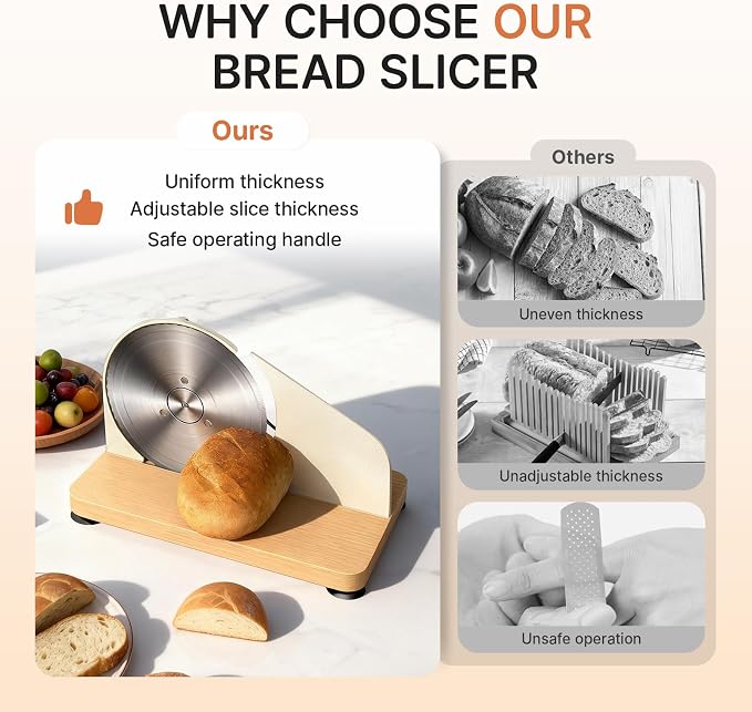 Manual Bread Slicer for Homemade Sourdough, Adjustable Thickness,Hand Crank Bread Cutter with Stainless Steel Blade Slicing Guide, Scale Line Suction Cups & Solid Wood Base