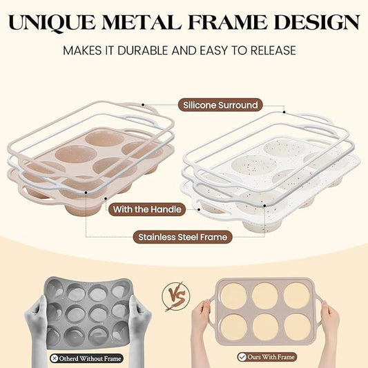 Vinino 2Pack Jumbo Silicone Muffin Pans for Baking with Metal Reinforced Frame, 6 Cups Large Size Nonstick Silicone Cupcake Pan, BPA Free Oven Dishwasher Safe Baking Mold for Muffins Cupcakes