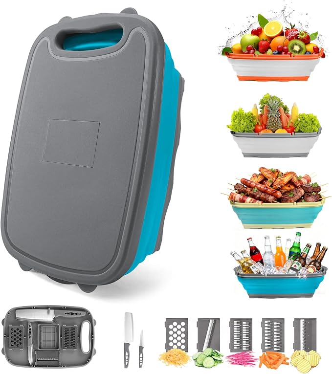 Gintan Collapsible Camping Cutting Board, 9-in-1 Chopping Board with Colander, Kitchen Vegetable Washing Basket for Camping, Camping Gifts Camping Accessories for RV Campers (Blue+Grey)