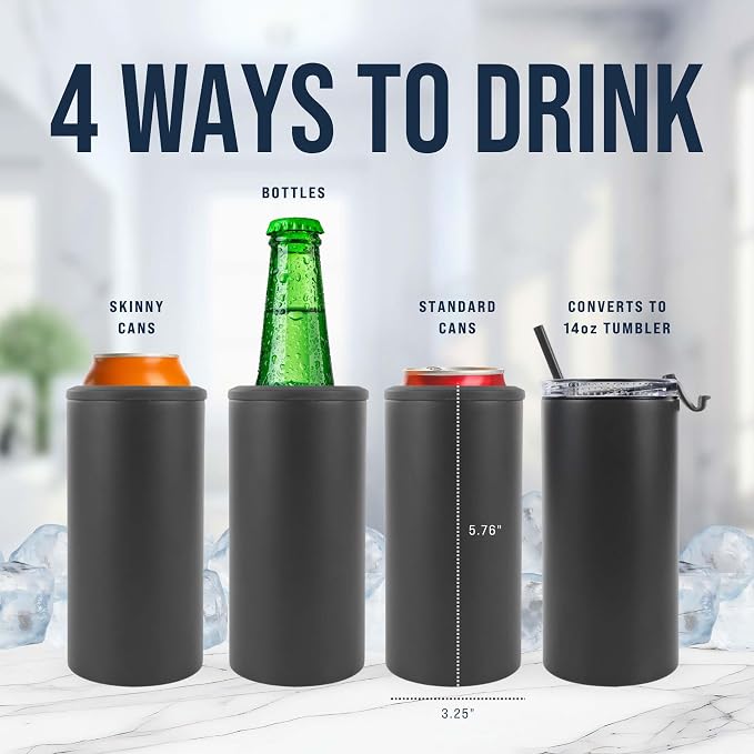 4 in 1 Universal Can Cooler - Charcoal Gray, Can Holder Insulated, Beer Bottle Cooler, Universal Holder for All Drink Sizes, Stainless Steel Insulated Tumbler, Tailgating Accessories