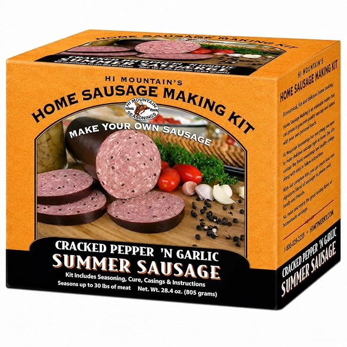 Hi Mountain CRACKED PEPPER 'N GARLIC Summer Sausage Kit | Complete sausage seasoning kit. Includes: Seasoning, cure & 10 casings. Beef, pork, venison, deer, elk. Makes up to 30 lbs