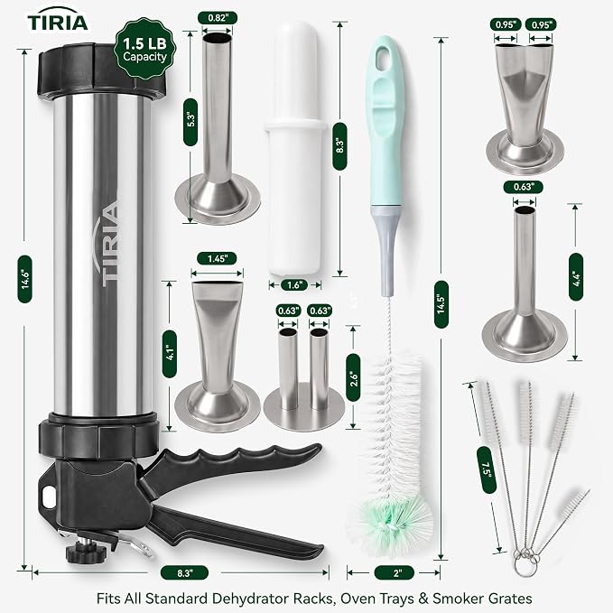 TIRIA Beef Jerky Gun Jerky Maker Sausage Stuffer Meat Stick Gun Cannon Kits | Stainless Steel Build, For Ground Meat, 5 Nozzles, 1 Meat Pusher, 5 Cleaning Brushes, Bonus Gloves, Great For Homemade Snacks