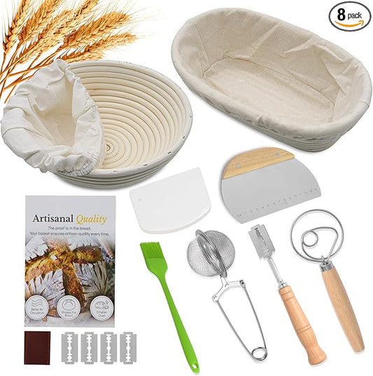 Bread Proofing Basket Set, Round 9 Inch and Oval 10 Inch Banneton Bread Bowl, Sourdough Bread Making Supplies Tools with Bread Lame, Danish Whisk, Bowl Scraper, Sourdough Scraper, Liners