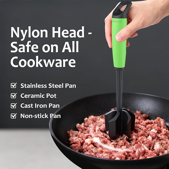 Ourokhome Meat Chopper and Potato Masher, Heat Resistant Nylon Ground Beef Smasher for Hamburger, 5 Curved Blades Nonstick Safe Mixer & Stirrer, Practical Kitchen Gadgets, Green