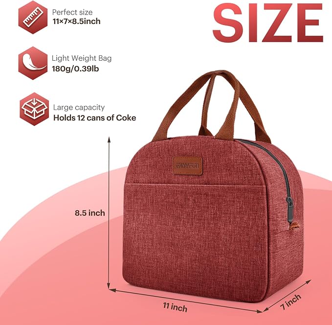 Lunch Bag for Women & Men Adult Insulated Lunch Box, Small Leakproof Cooler Food Lunch Containers Reusable High Capacity Lunch Tote Bags for Work, Travel, Outdoor - Wine Red