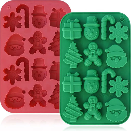HKNMTT Christmas Silicone Chocolate Molds, 2 PCS Candy Baking Moulds, 3D Snowflake Cane Snowman Xmas Tree Gingerbread Man Santa Claus Gift Box Shape Mold for DIY Handmade Soap Candles Jello