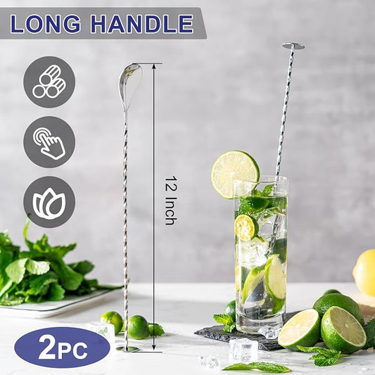 BRIOUT 2 Pcs Bar Spoon, 12 Inches Long Handle Drink Stirrer, Stainless Steel Bar Cocktail Mixing Spoons with Round Base for Stirring, Silver