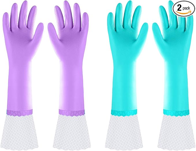 Elgood Reusable Long Dishwashing Cleaning Gloves with Latex Free, Long Cuff,Cotton Lining,Kitchen Gloves 2 Pairs,Purple+Blue Large