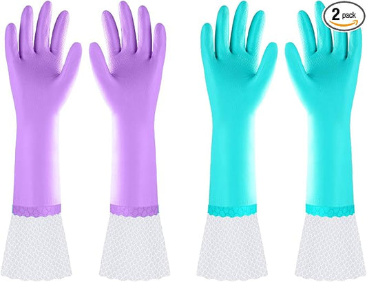 Elgood Reusable Long Dishwashing Cleaning Gloves with Latex Free, Long Cuff,Cotton Lining,Kitchen Gloves 2 Pairs,Purple+Blue Large