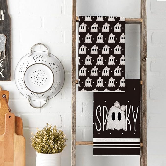 Artoid Mode Black Ghost Halloween Kitchen Towels Set of 2 18x26 Inch | Spooky Bow Knot Hand & Dish Towels,Ultra Absorbent,Seasonal Farmhouse Decoration