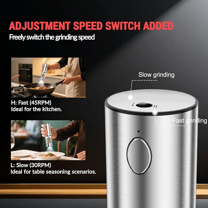 Electric Salt and Pepper Grinder Set with External Coarseness Adjustment, 95ml Large Capacity Automatic Pepper Mill, USB-C Charging Base with LED Light, Stainless Steel Spice Grinder, 2-Piece Set