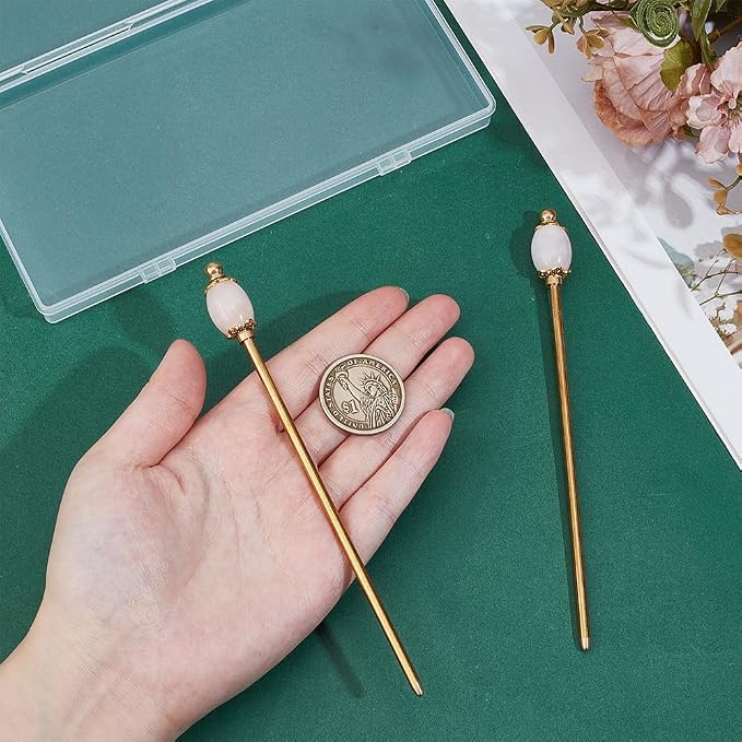 PH PandaHall 2PCS Pink Quartz Hair Sticks 5.9inch Oval Gemstone Hairpins Golden Chinese Hairpin Metal Hair Chopsticks Vintage Hairpins for Valentine's Day Mother's Day Women Long Hairs Ornament