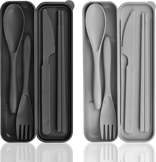 2 Sets Plastic Reusable Utensils Set with Case, Travel Chopsticks Fork Spoon Knife Set for Lunch Box, Portable Cutlery Sets for Travel Camping Daily Use (Black, Grey) | Plastic, Black and Grey, Chopsticks Fork Spoon Knife Set with Lunch Box, For Campin...