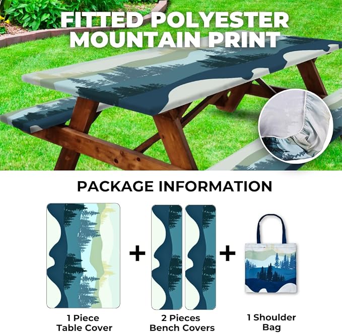 6ft Polyester Picnic Table Cover with Bench Covers Tablecloth Mountain View | Polyester Picnic Table Cover Windproof & Waterproof, Perfect for Camping Gifts & RV Essentials, Cool Camping Gadgets with bag