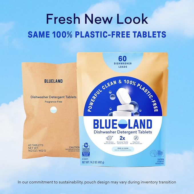 BLUELAND 100% Plastic-Free Dishwasher Detergent Tablets, 60 Count, Free & Clear, Eco-Friendly Dishwashing Pods, Cuts Grease & Stuck on Food, Rinses Clean for Streak-Free Shine