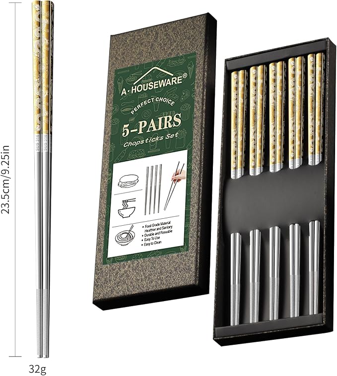 5 Pairs Gold Dragon Chopsticks Set Stainless Steel 316 Gold Plated Reusable Kitchen Dinning Eating Utensils Modern Chop Sticks Dishwasher Safe and Luxury Tableware Gift