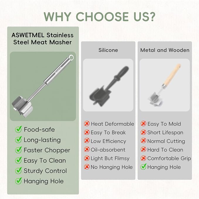 Stainless Steel Meat Chopper, ASWETMEL Meat Masher for Hamburger, Ground Beef Smasher, Hamburger Grinder Utensil for Ground Beef, Non Stick Mix Ground Chopper, Mix and Chop Potato Masher Tool