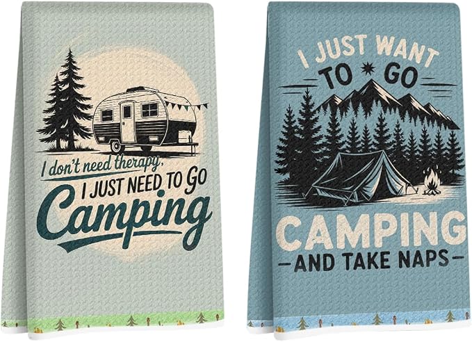 2PCS Camping Kitchen Towels, Go Camping Kitchen Decor, Housewarming Farmhouse Gifts for Women RV Campers, Camper Accessories for Inside, Camper Dish Tea Towels