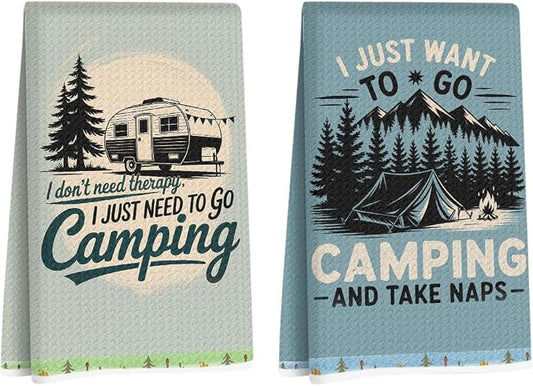 2PCS Camping Kitchen Towels, Go Camping Kitchen Decor, Housewarming Farmhouse Gifts for Women RV Campers, Camper Accessories for Inside, Camper Dish Tea Towels