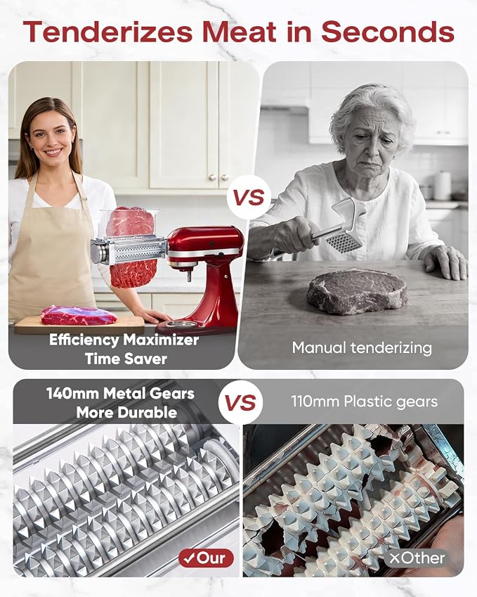 Adjustable Meat Tenderizer Attachment for KitchenAid Stand Mixer, 3 Setting | Stainless steel efficient tenderizer machine for steak, pork, lamb, venison or jerky, Safety tall chute tenderizing tools