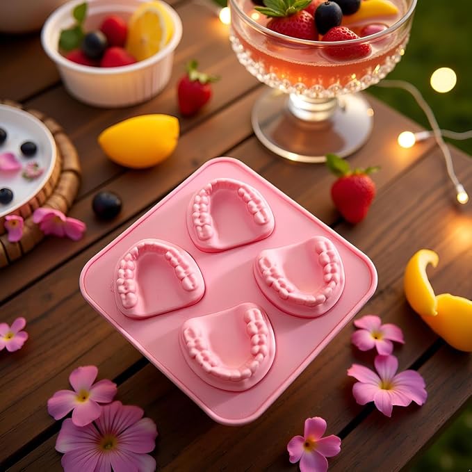 2Pcs Pink 4 Hole Denture Teeth Shaped Ice Cube Mold Silicone Ice Tray DIY Ice Cream Funny Gag Gift For Dentist Seniors Ice Tray Molds, Ice Cube Molds and Trays
