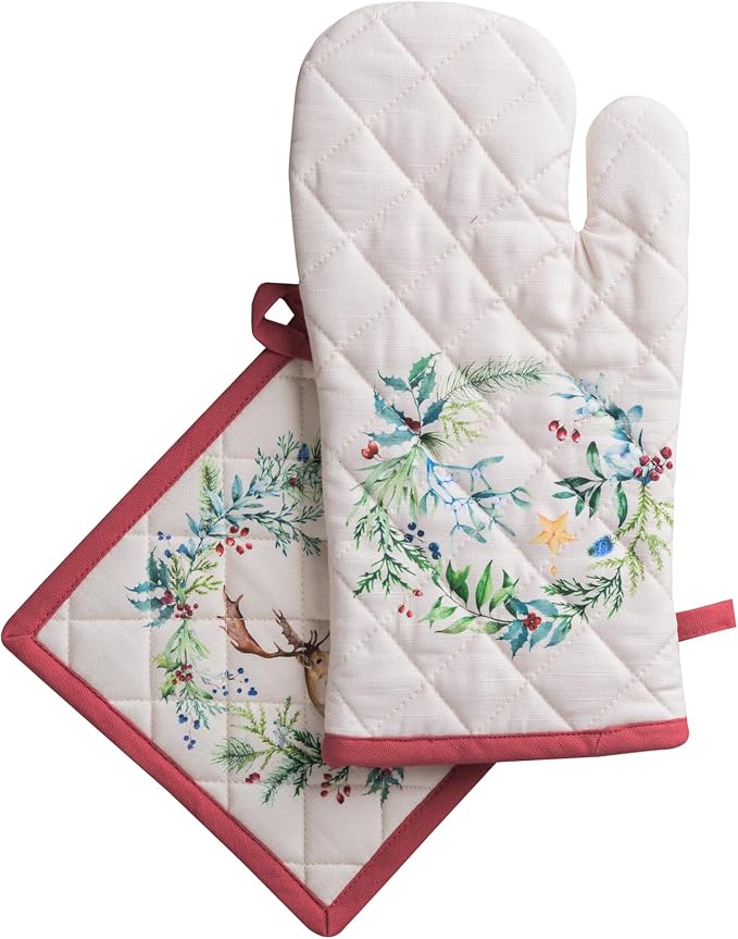 Maison d' Hermine 100% Cotton Oven Mitt & Pot Holder Set (7.5"x13" & 8"x8") | Heat Resistant BBQ Cooking Gloves with Loop Baking Grilling Kitchen Hotel Home Farmhouse Thanksgiving Christmas - Holly Time