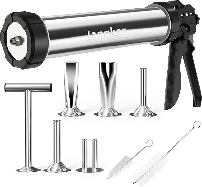 Beef Jerky Gun Kit, 2lb Stainless Steel Meat Gun, Beef Jerky Maker | 2-Pound capacity meat gun, 5 different nozzles, For homemade beef jerky and sausages, Easy to clean and maintain