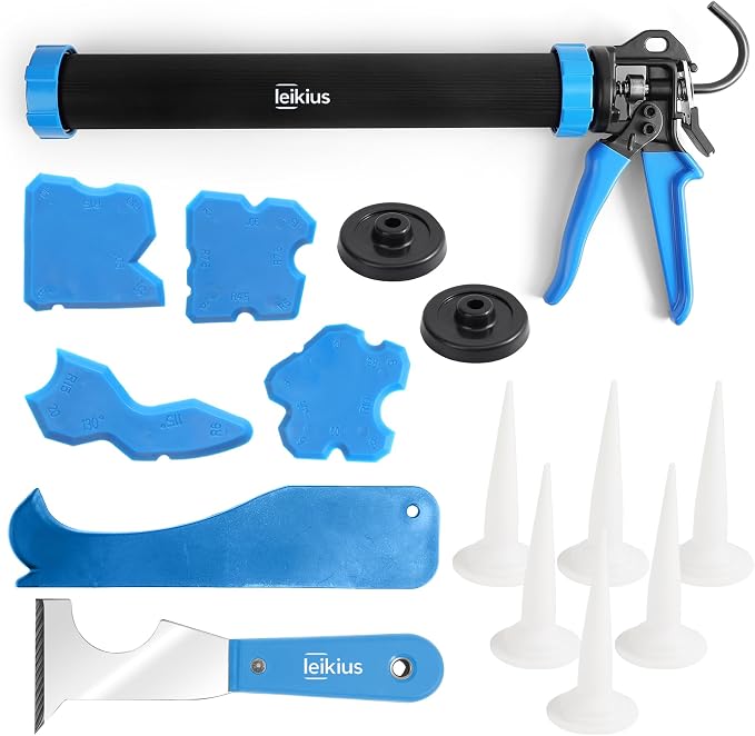 PRO Sausage Caulk Gun Kit Heavy Duty Silicone Sausage Gun Thrust Ratio 25:1 No-drip Rotating 600ml/20 oz Aluminum Tube Barrel and Caulking Tools,Sealant Grout Scraper For Kitchen Bathroom Sink Joint