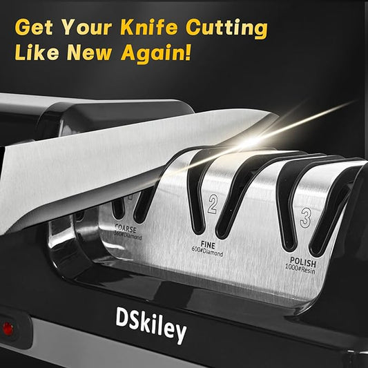 Professional 3-stage Electric Knife Sharpener for Kitchen Knives, with 100% Diamond Abrasive 20° Precision Angle Guide, Quickly Sharpening, Repairing/Restoring/Polish Blades (Silver)