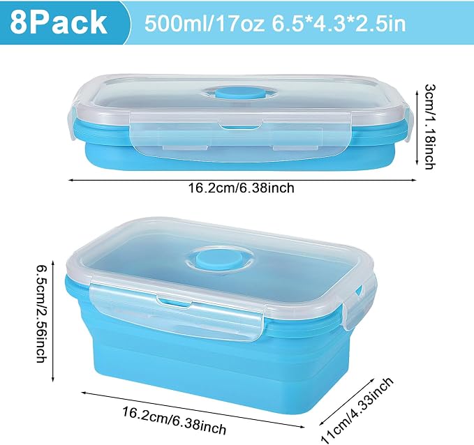 Set of 8 Silicone Collapsible Bowls for Camping with Vent Lid Silicone Storage Containers for Food Meal Preparation Square Bowl Microwave Freezer Dishwasher Safe(Blue,17 Oz/ 500 ml)