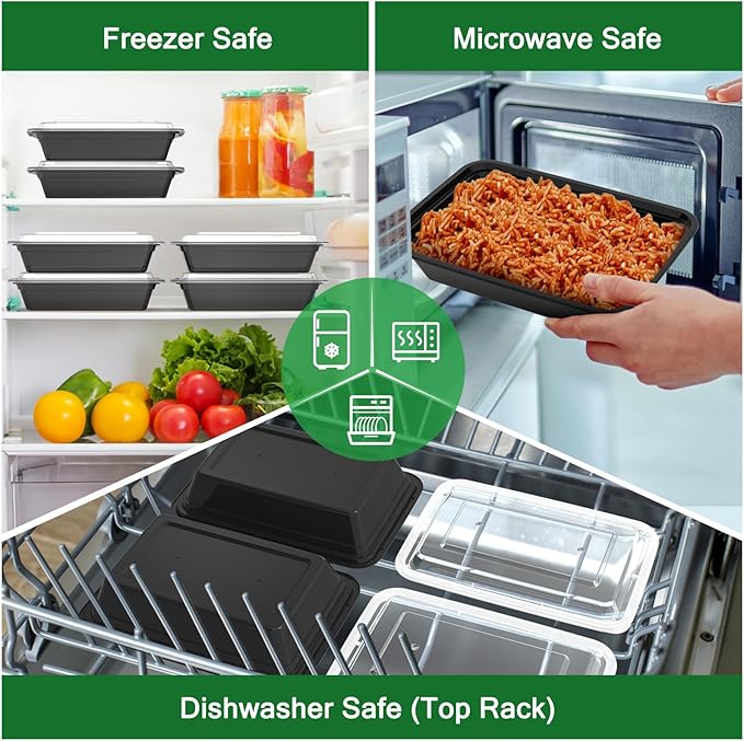 50 Pack (100-Piece) 32 oz Meal Prep Containers with Easy Open Lids, Black | Sturdy Leakproof & Food Safe, Microwave, Freezer, Dishwasher Safe Prep Containers, To Go Take Out Plastic Food Storage